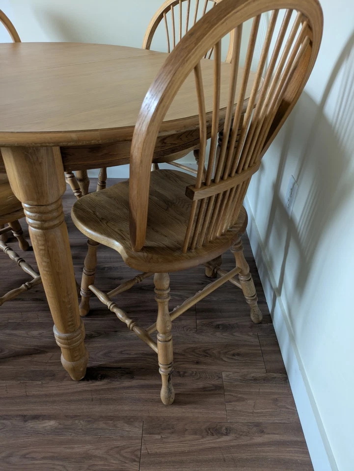 Dining Table Oak Solid Round/Oval Wood 5 Piece Set With Built In Leaf - Image 3 of 4