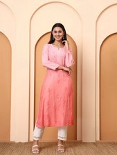 Women Pink Chanderi Embroidered Kurti Long Straight Kurta Indian Ethnic Wear