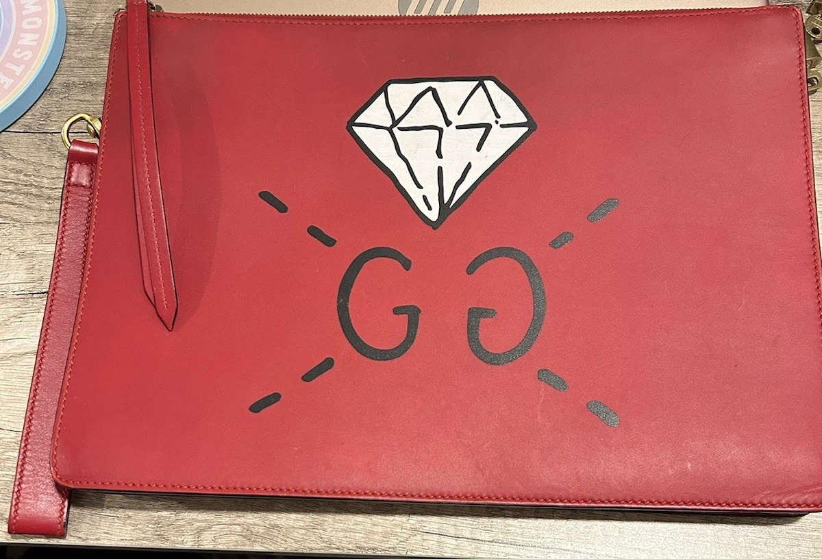 Authentic Gucci Ghost Diamond Red Leather Wristlet Pouch Clutch | eBay