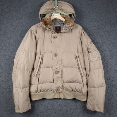 PEUTEREY Jacket Mens L Large Beige Goose Down Puffer Bomber Hooded Real Fur