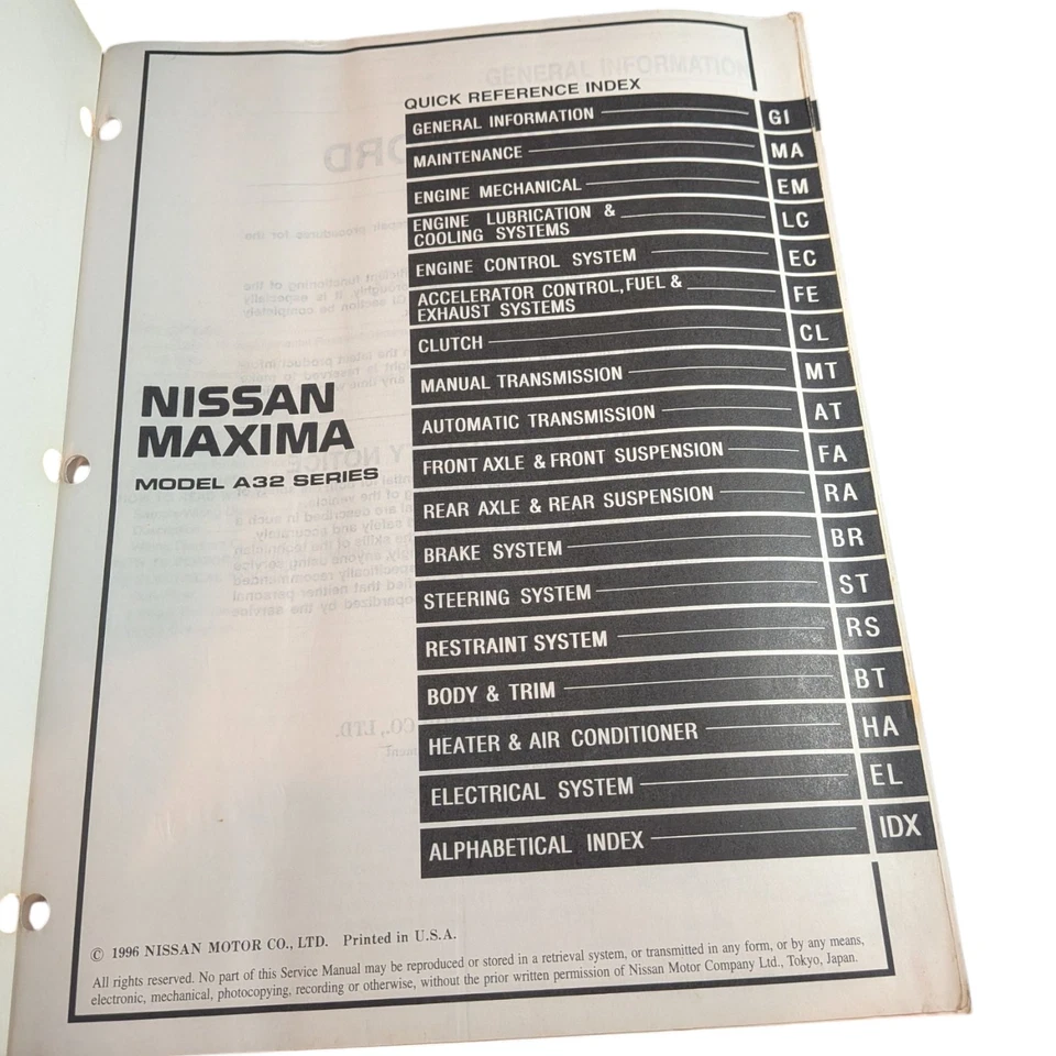 Nissan Máxima 1997 manual de servicio de reparación de taller de fábrica original SE GXE GLE Foto 2 de 4