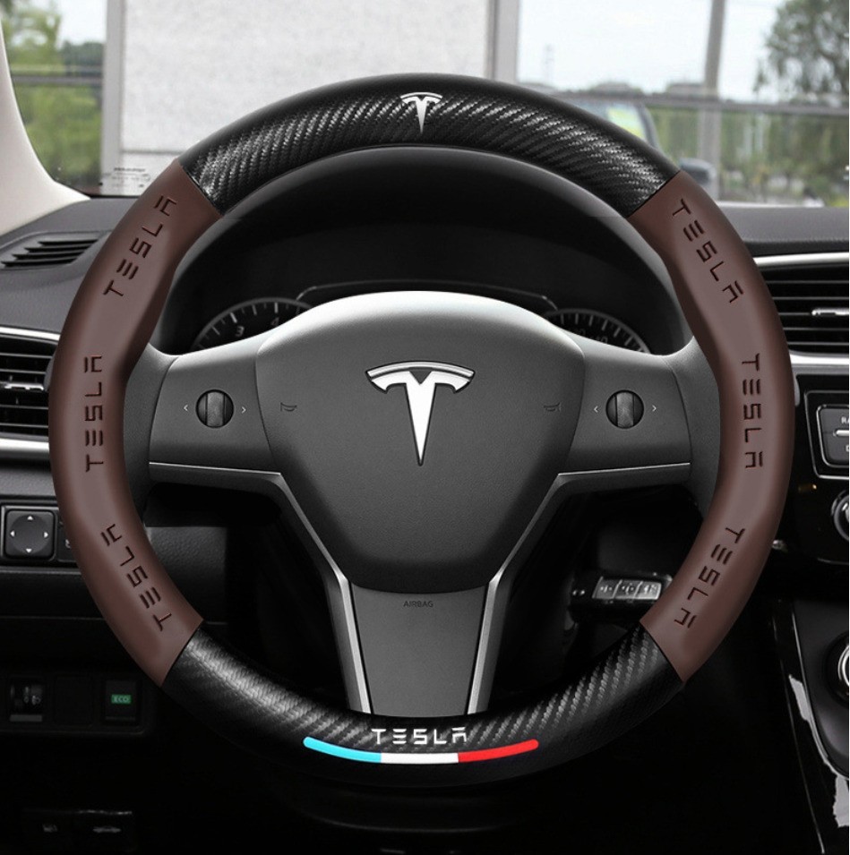 15"38cm Leather+Carbon fiber Steering Wheel Cover For Tesla  All model