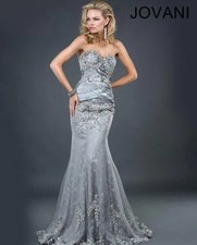 Jovani 1921 Formal Dress 14 Silver Lace Crystals Elegant Mother of Bride $704