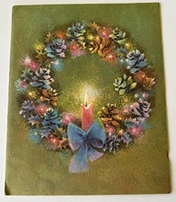 Vintage Christmas Greeting Card Colorful Wreath Bow & Candle Norcross 1960s
