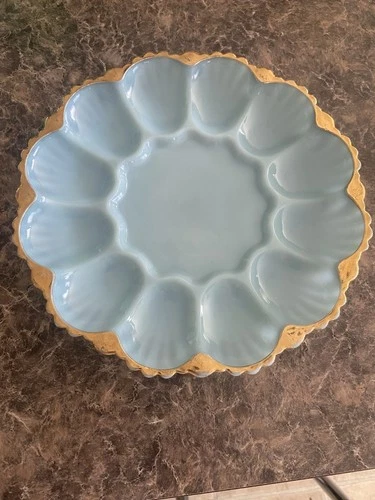Vintage Fire King Anchor Hocking Blue Milk Glass Deviled Egg Plate Gold