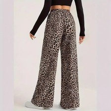 Women's Leopard Print Wide Leg Pants Patched Elastic Waist Casual Loose Trousers