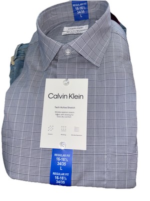 Calvin Klein Men's Tech Active Stretch Dress Shirt, Blue Plaid,  L(16-16.5-34/35) | eBay