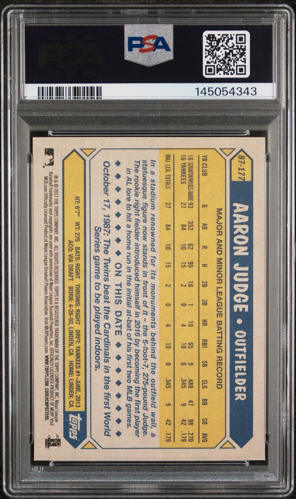 2017 Topps 1987 Topps RC Aaron Judge PSA 10 view 2