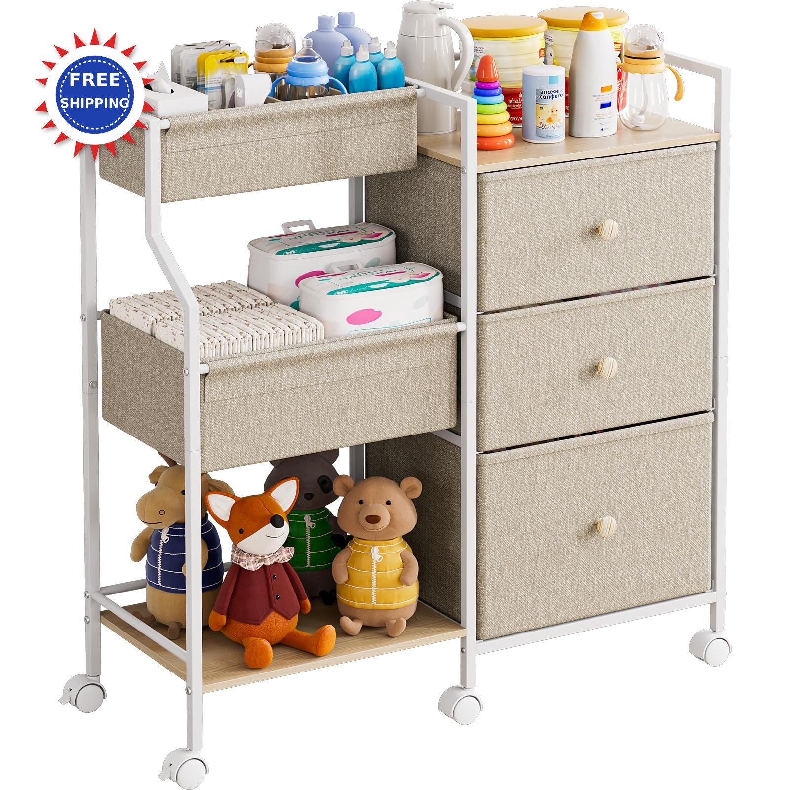 3 Tier Rolling Cart with Dividers and Drawers Modanais Baby Organizer Storage
