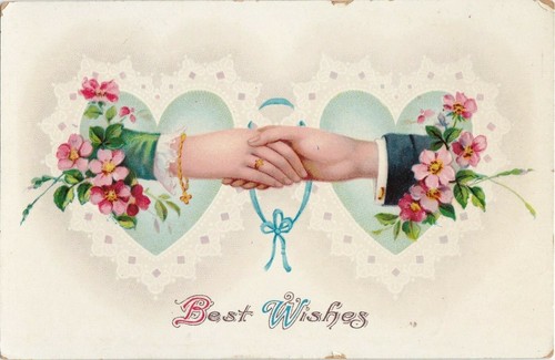 Postal Best Wishes Dos Manos Flores Corazones Publicada - Imagen 1 de 2