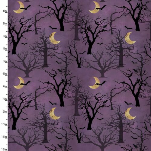 Halloween Fabric | 3 Wishes Spooky Night Forest Tree Moon & Bat Purple YARD - Afbeelding 1 van 1