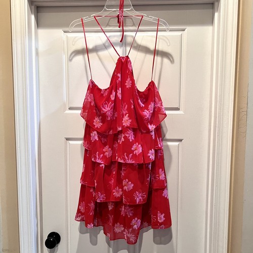 NEW WAYF Womens Mini Dress Size Large Red Ruffled Tiered Floral - Picture 11 of 11