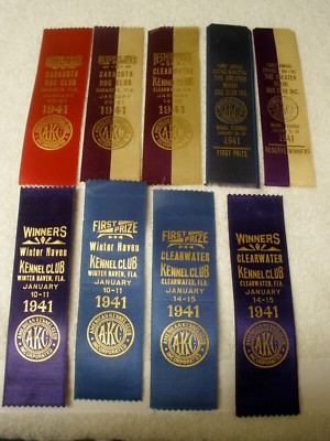 9 Vintage 1940's AKC Dog Ribbons , FLORIDA ,Kennel Club great collection