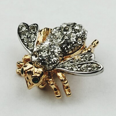 JOAN RIVERS White Pave Rhinestone Bee Pin Brooch Gold Tone 