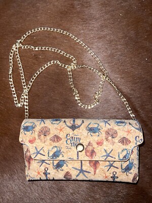 Portuguese Cork Crossbody Bag Vegan Purse Ocean Nautical Sea Print Eco Friendly