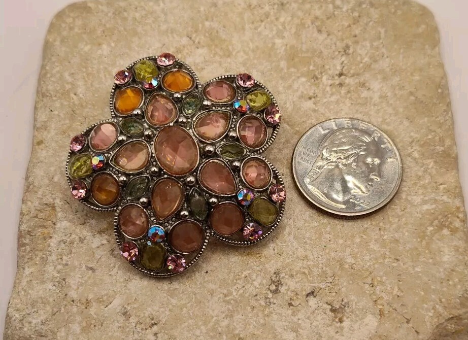 Signed Multicolored Rhinestone Flower Brooch - image 6
