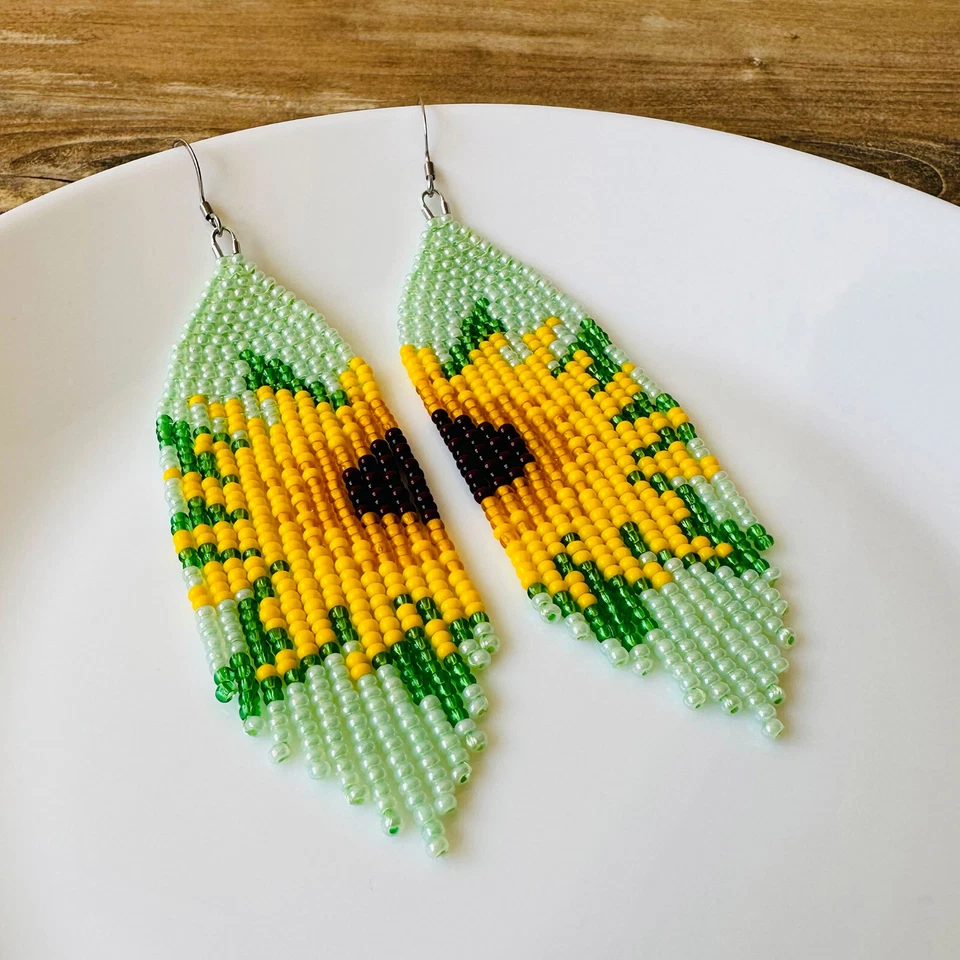 Pendientes de cuentas de girasol con flecos, coloridos pendientes de cuentas de semillas bohemias Foto 2 de 4