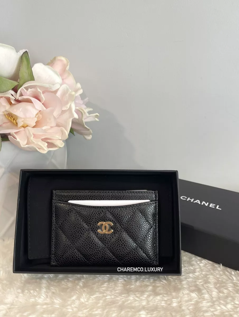 NEW 🖤 Chanel Black Caviar Flat Card Holder Wallet GHW 🖤Fullset