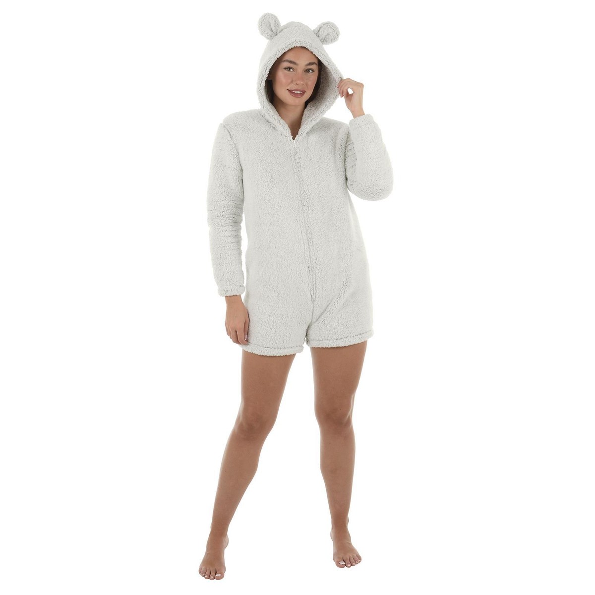 Womens Hooded Romper Playsuit Sherpa Fleece Winter Nightwear Loungewear Grey