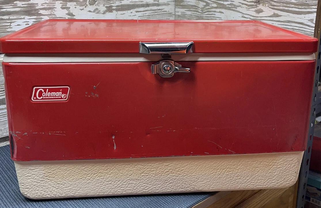 VTG Red Steel Metal Coleman Ice Chest Cooler With Working Latch Opener 76 USA