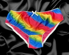 Rainbow Satin Frilly Sissy CDTV Drag Full Cut Panties Briefs Knicker Sizes10-20