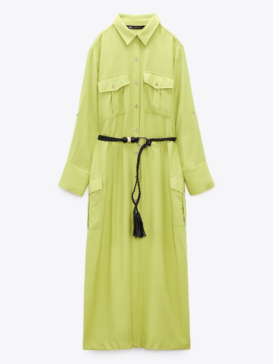 ZARA NWT SIZE M LIME GREEN BELT SHIRT DRESS MIDI DRESS 3897/054 | eBay