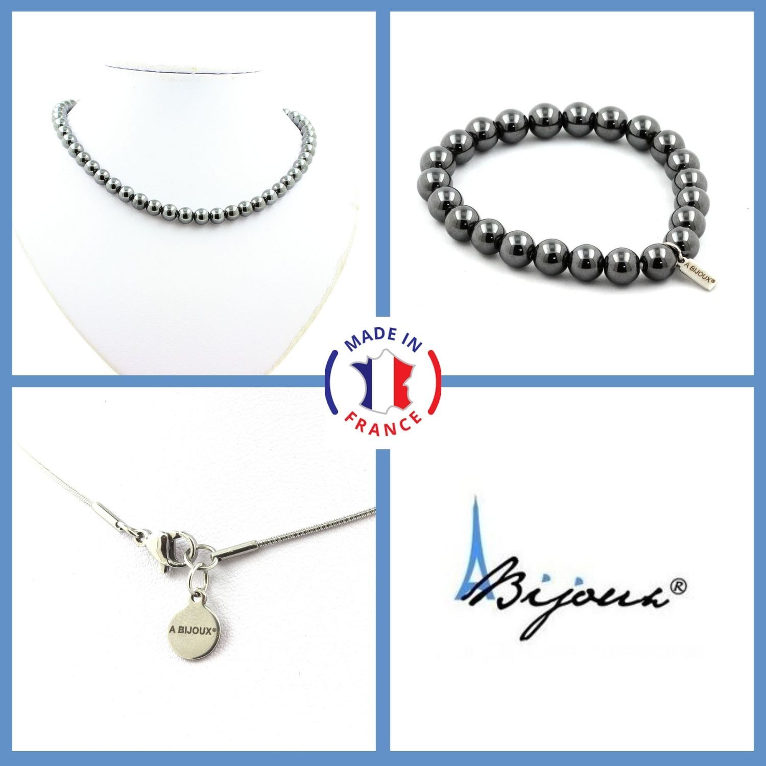 Parure de bijoux en hématite collier et bracelet en perles 8mm et acier inoxydable