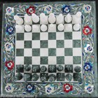 16" Chess Board Green Marble Inlay Semi Precious Stones Work