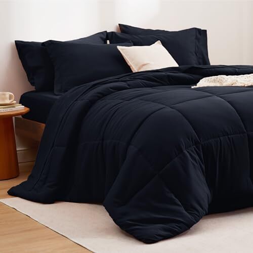 Black Bed Set - 7 Pieces Solid Size Comforter Set Bedding Set Full 03 - Black