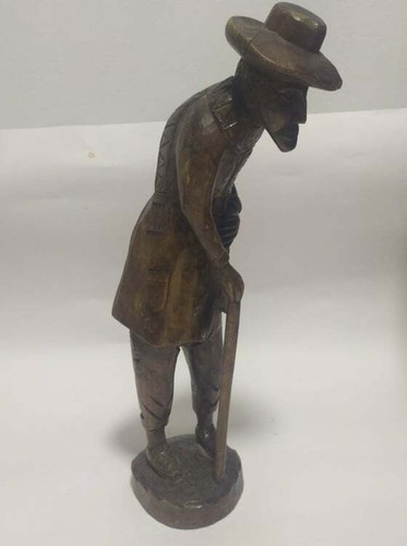 Vintage Tall Hand Carved Wooden Old Man With Walking Stick Statue - Picture 2 of 12