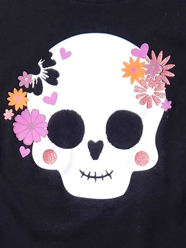 Girls Black Short Sleeve Glitter Sugar Skull Halloween T-Shirt Tee Shirt S 6/6X - Picture 2 of 2