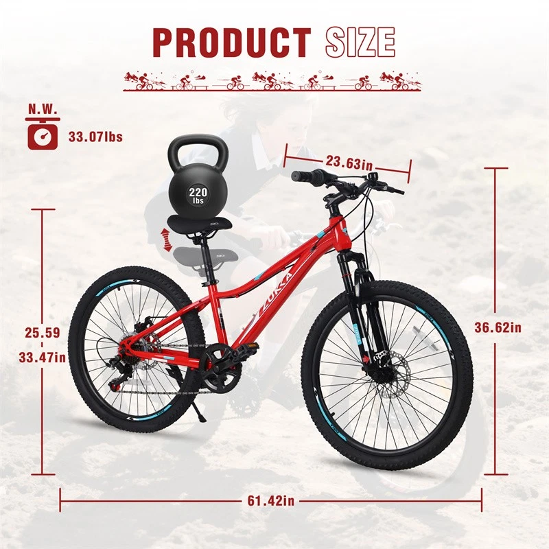 Bicicleta de montaña con suspensión de 24 pulgadas para niñas niños Bicicleta de montaña Shimano de 6 velocidades Roja Foto 2 de 4