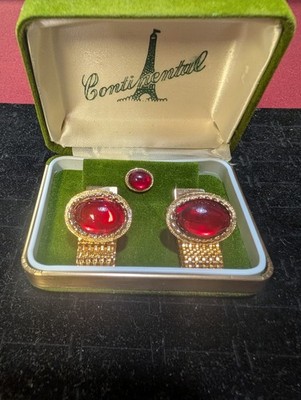 Gold Platted Cufflinks & Tie Pin Jewelry Set, Red Oval Cabochon Stone