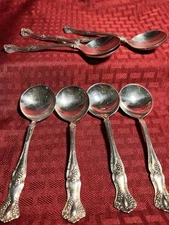 1847 ROGERS*VINTAGE GRAPE PATTERN*(8)CREAM SOUP/BULLION SPOONS*1904