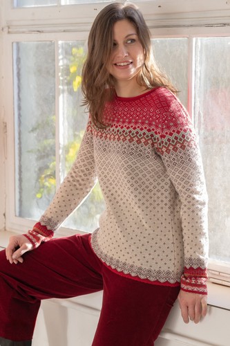 Jacquard Strickpullover rot/natur  Dunque  Gr. S-L 70% Merino,30%Baumwolle kbA - Bild 1 von 4