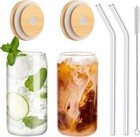 Drinking Glasses with Bamboo Lids and 2PCS, 2PCS 16OZ lids straws