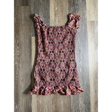 Forever 21 Pink Paisley Smocked Bodycon Mini Dress Ruffle Cap Sleeve Large