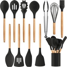 12-Pcs Kitchen Silicone Utensils Set with Heat Resist Wooden Handle water