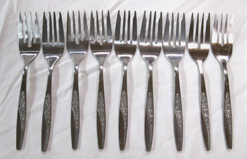 Salad / Dessert Fork Set of 9 Stainless Steel Korea Retro Rose Flower Pattern