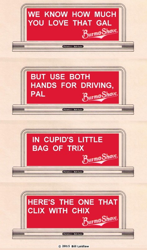 BurmaShave, HO / OO scale 4 billboard signs #43, Cupid's Little Bag of Trix