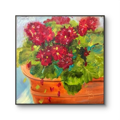 Flower Pot 12x12 Oil Painting Red Geraniums Flowers Wall Art Wood Panel