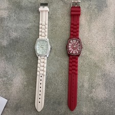 Geneva Womens Rectangle Watch Silicone Band Beveled Face New Batt 9" Pick Color