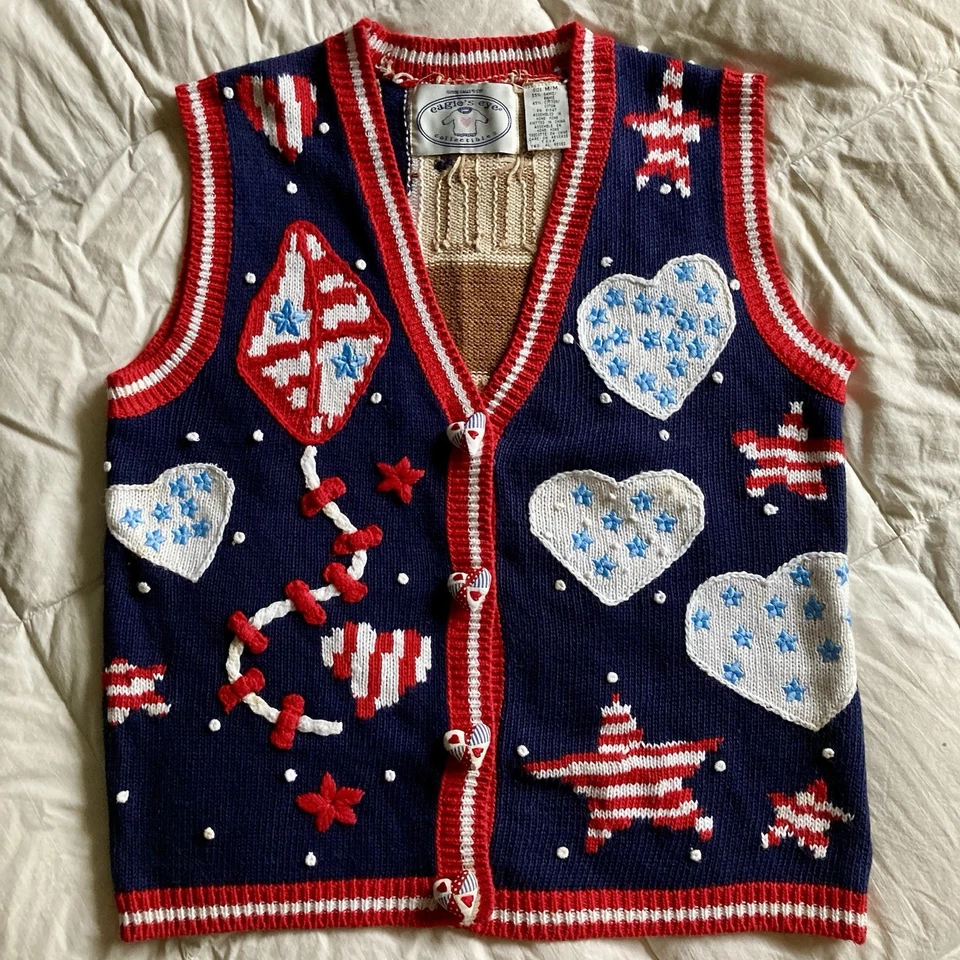 Chaleco Suéter Tejido a Mano Ojo de Águila 1996 De Colección 3D Banda de Marcha Americana EE. UU. Med Foto 2 de 4