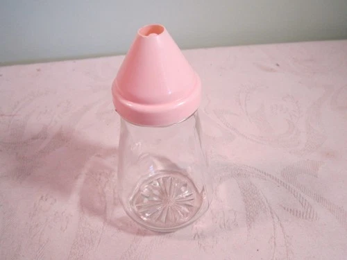 Vintage Federal Clear Glass Sugar Dispenser with Light Pink Plastic Top