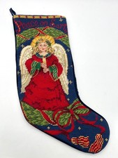 Handmade Needlepoint Angel Christmas Stocking Velvet Back Gold Thread Highlights