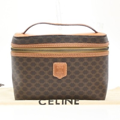 CELINE Logo Macadam Pattern Vanity Hand Bag PVC Leather Brown GHW 69MA396