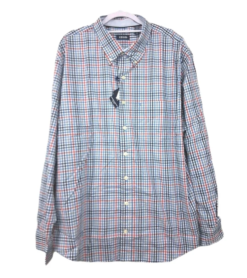 Nueva Camisa Izod Performance Comfort Oxford Para Hombres Manga Larga a Cuadros 2XLT Azul Rojo Foto 2 de 4