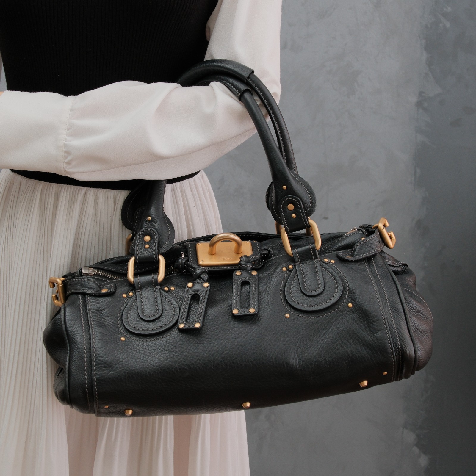 Chloe Paddington Shoulder Hand Bag Black Leather