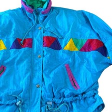 Vtg 90s Y2K Neon Blue Colorblock Windbreaker Jacket M Oversized Retro Vibrant