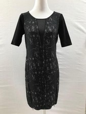 Elie Tahari Dress Sz Small Black Gray Splatter Mesh Inset Zipper Detail Stretch